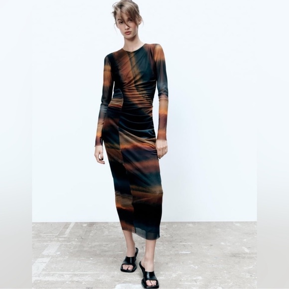 Zara Bloggers Favorite- Tulle Rouched Multicolor Long Sleeve Dress - Small - Picture 1 of 7